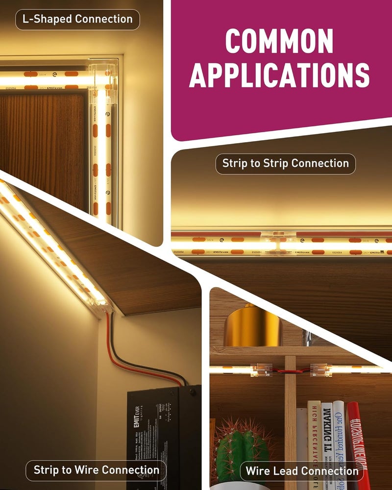 EMITEVER ​ 8-in-1 LED Strip Connectors 12pcs, 2 Pin 8mm COB Tape Lights Terminal Connectors 8 Types Solderless Transparent Connection for​ 5V 12V 24V（Straight, Corner, Strip to Strip, Strip to Wire） - Image 4